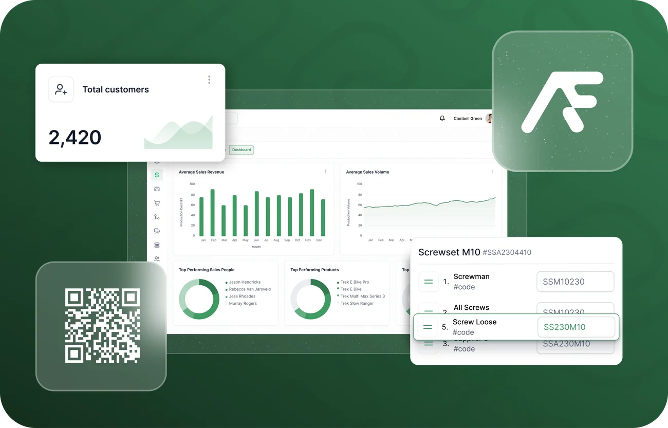 Arcflow dashboard showing sales, customers and stock at a glance