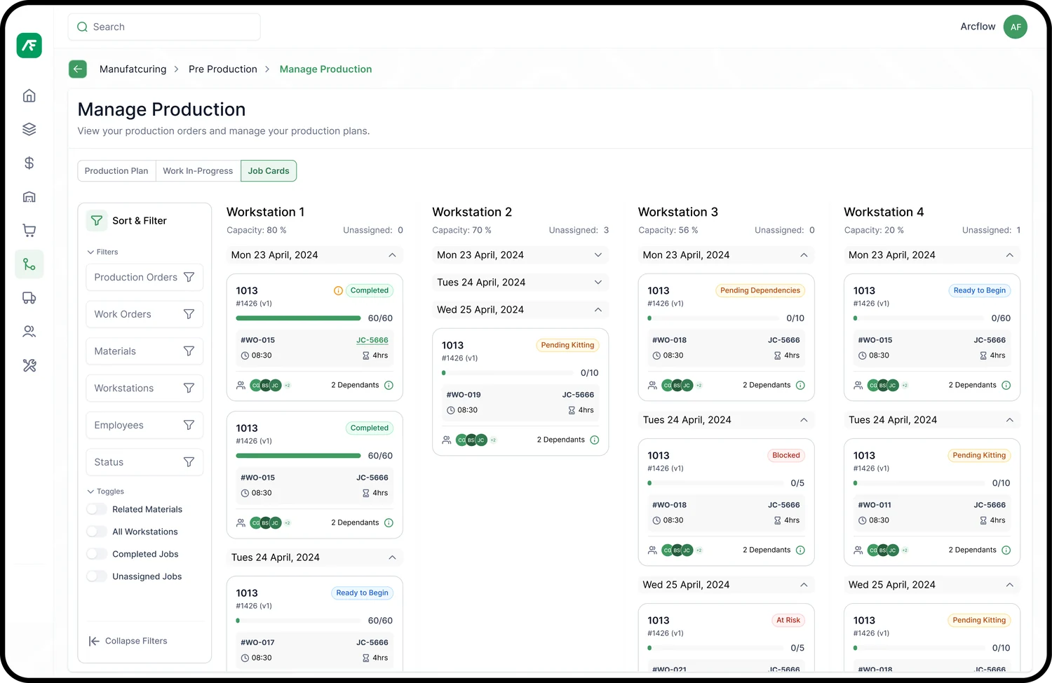 Arcflow Manage Production screen showing workstations and job cards
