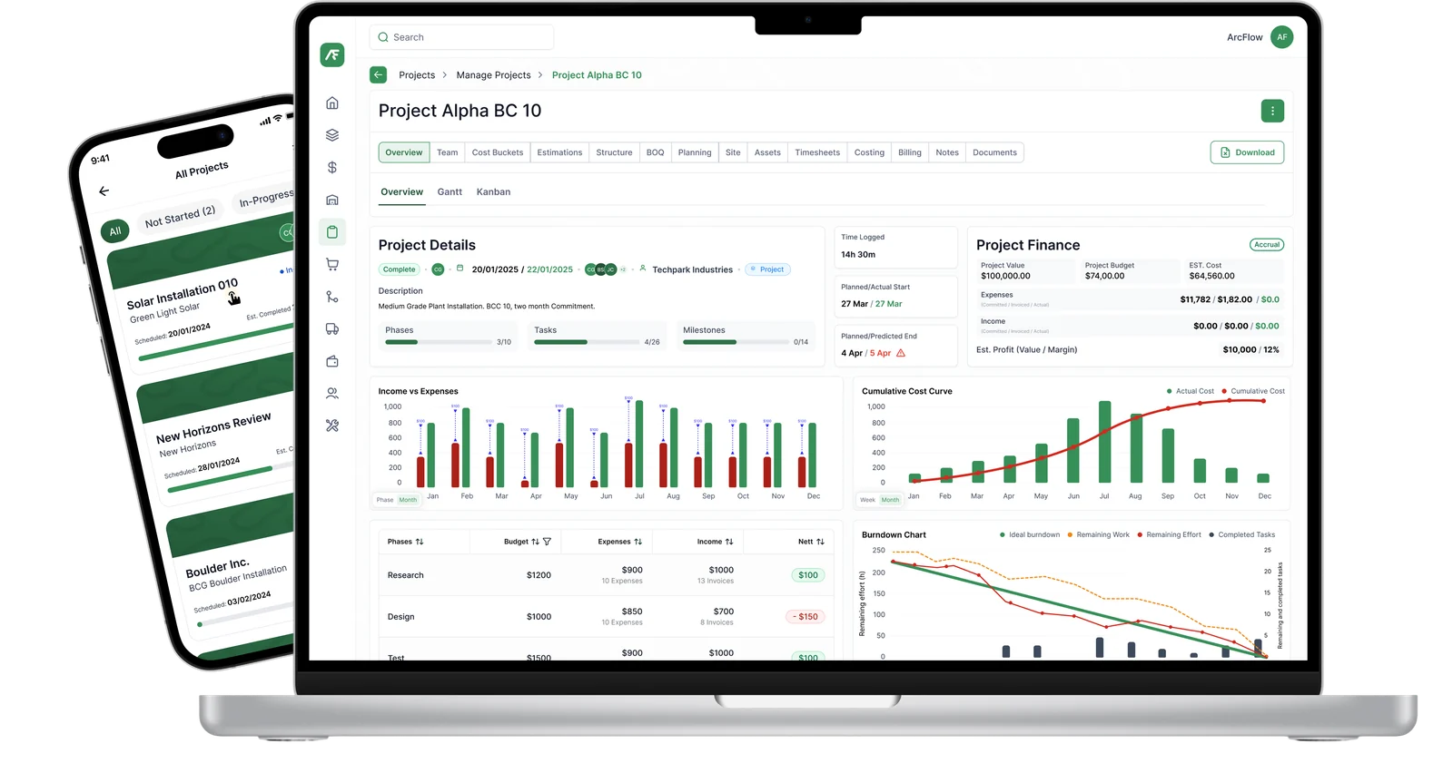 Arcflow project management dashboard on laptop and mobile